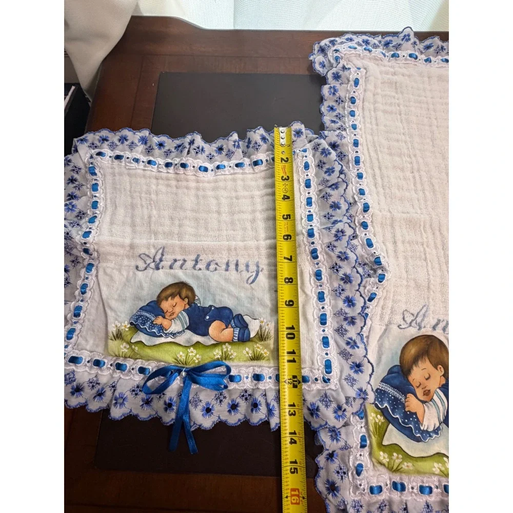 Vintage Antony Personalized Baby Burp Cloth and Towel Set Blue Eyelet Lace Trim